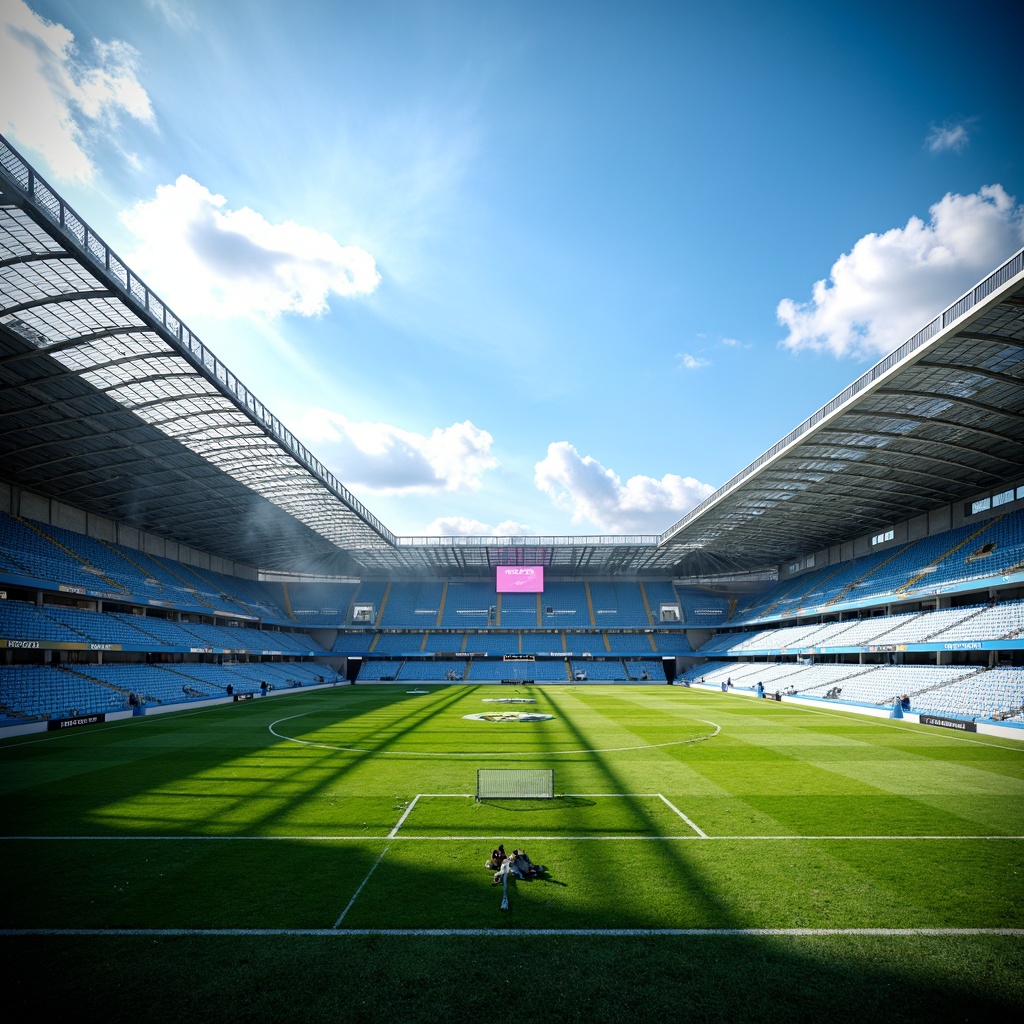 Prompt: Powder blue soccer stadium, lush green grass, vibrant yellow goalposts, sturdy steel beams, sleek modern architecture, comfortable seating areas, transparent glass roofs, bright LED scoreboards, atmospheric fog effects, warm sunny day, shallow depth of field, 1/1 composition, realistic textures, ambient occlusion.