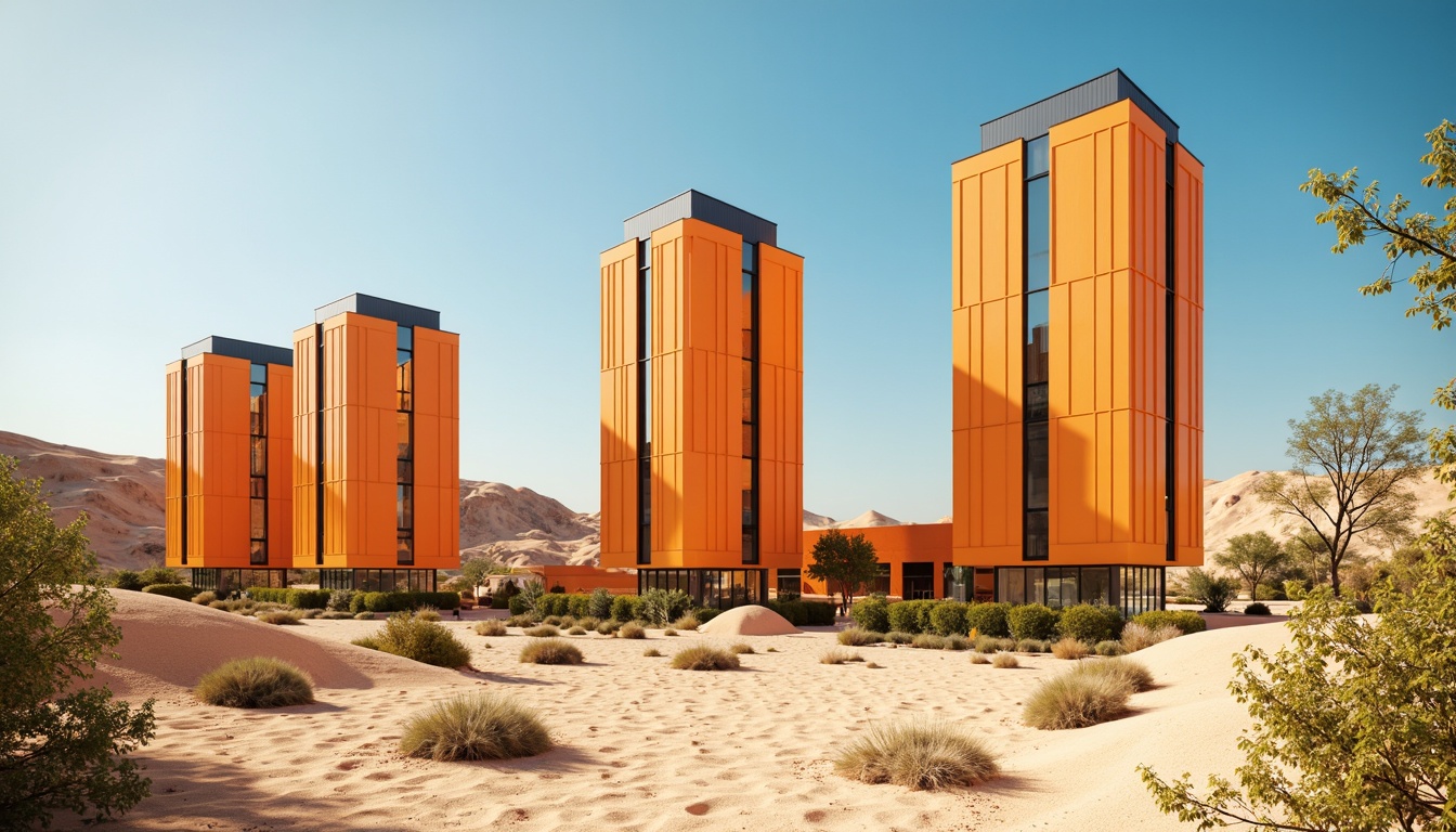 Prompt: Vibrant orange desert towers, sandy dunes, cactus plants, hot sunny day, clear blue sky, vast open space, modern futuristic architecture, sleek metal buildings, reflective glass surfaces, angular lines, minimalist design, sustainable energy solutions, solar panels, wind turbines, water conservation systems, green roofs, eco-friendly materials, innovative cooling technologies, shaded outdoor spaces, misting systems, Arabic-inspired patterns, vibrant colorful textiles, intricate geometric motifs, warm atmospheric lighting, high contrast ratio, cinematic composition.