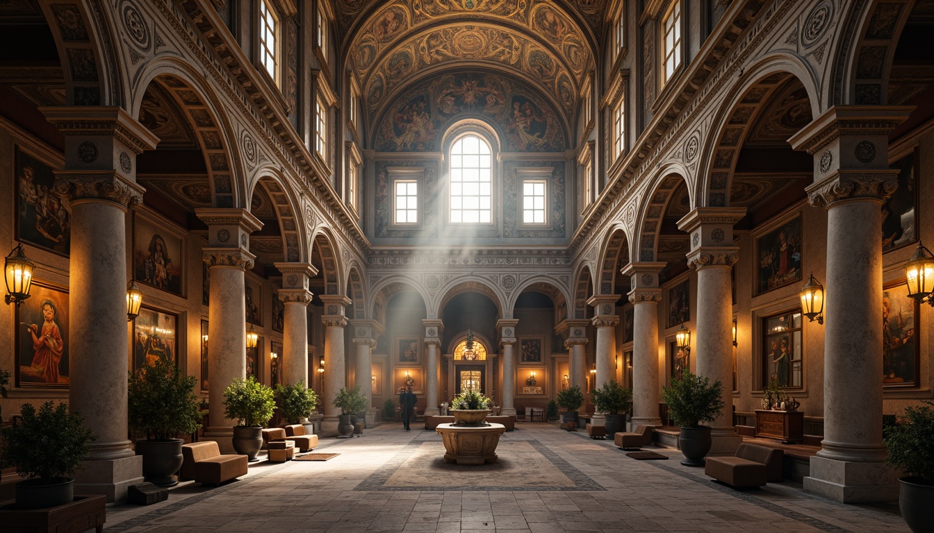 Prompt: Majestic monastery, Byzantine architecture, ornate domes, golden mosaics, grand archways, intricate stone carvings, lavish frescoes, solemn chapels, peaceful courtyards, rustic stone walls, wooden iconostases, ornamental lanterns, dim warm lighting, atmospheric fog, high ceilings, symmetrical composition, rich textures, ambient occlusion.