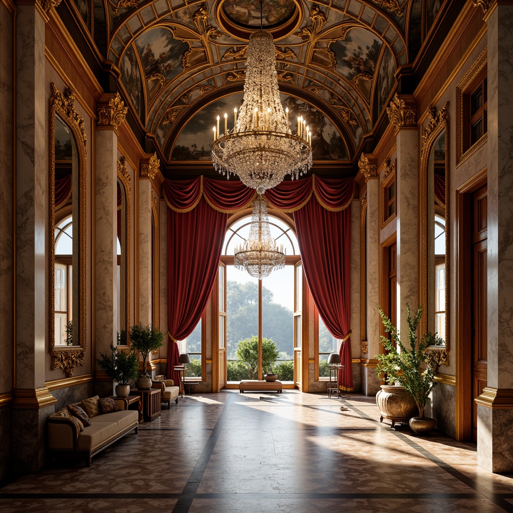 Prompt: Grandiose palace, intricately carved wooden doors, ornate golden frames, lavish crystal chandeliers, rich velvet drapes, majestic marble columns, intricate fresco ceilings, opulent furnishings, gilded accents, Rococo-inspired mirrors, curved lines, sweeping arches, dramatic lighting, warm ambient glow, shallow depth of field, 1/1 composition, realistic textures, ambient occlusion.