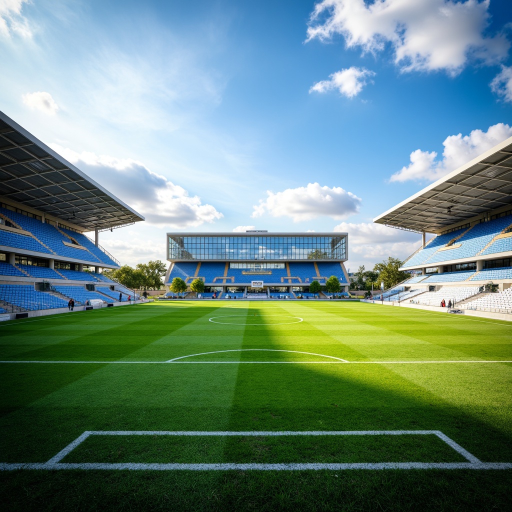 Prompt: Powder blue soccer stadium, vibrant green grass, white goalposts, sleek metal bleachers, modern architecture, large glass windows, bright sunny day, clear blue sky, fluffy white clouds, soft warm lighting, shallow depth of field, 3/4 composition, panoramic view, realistic textures, ambient occlusion.