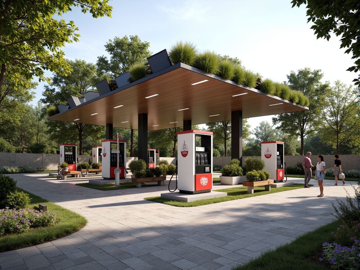 Prompt: Petro station, modern fuel pumps, sleek canopy design, green roof systems, solar panels, rainwater harvesting systems, native plant species, meandering walkways, permeable pavers, natural stone walls, wooden benches, eco-friendly signage, shaded outdoor spaces, soft warm lighting, shallow depth of field, 3/4 composition, panoramic view, realistic textures, ambient occlusion.