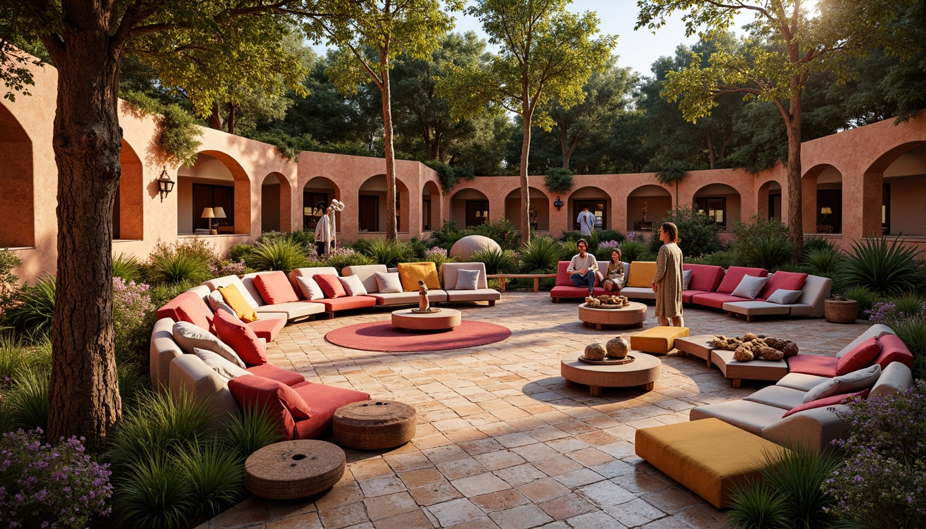 Prompt: Vibrant amphitheater, eclectic seating arrangement, colorful cushions, mismatched chairs, wooden benches, velvet drapes, Moroccan-inspired tiles, lush greenery, natural stone walls, abstract sculptures, whimsical lanterns, warm golden lighting, cozy nooks, curved rows, dynamic sightlines, 2/3 composition, atmospheric perspective, realistic textures, ambient occlusion.