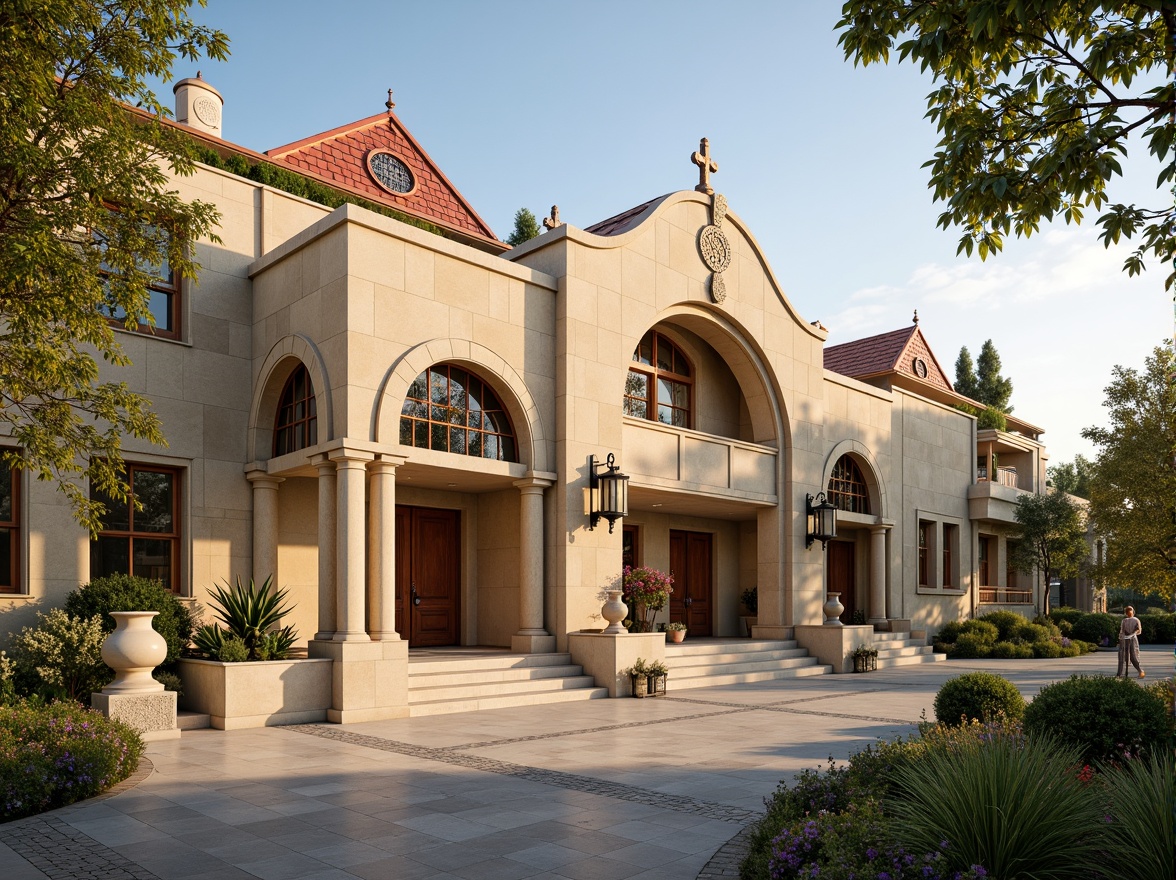 Prompt: Warm beige stone facade, ornate Renaissance arches, grand entrance doors, decorative pilasters, symmetrical composition, classical columns, carved wooden accents, stained glass windows, vibrant red roof tiles, lush greenery, blooming flowers, sunny day, soft warm lighting, shallow depth of field, 3/4 composition, panoramic view, realistic textures, ambient occlusion.