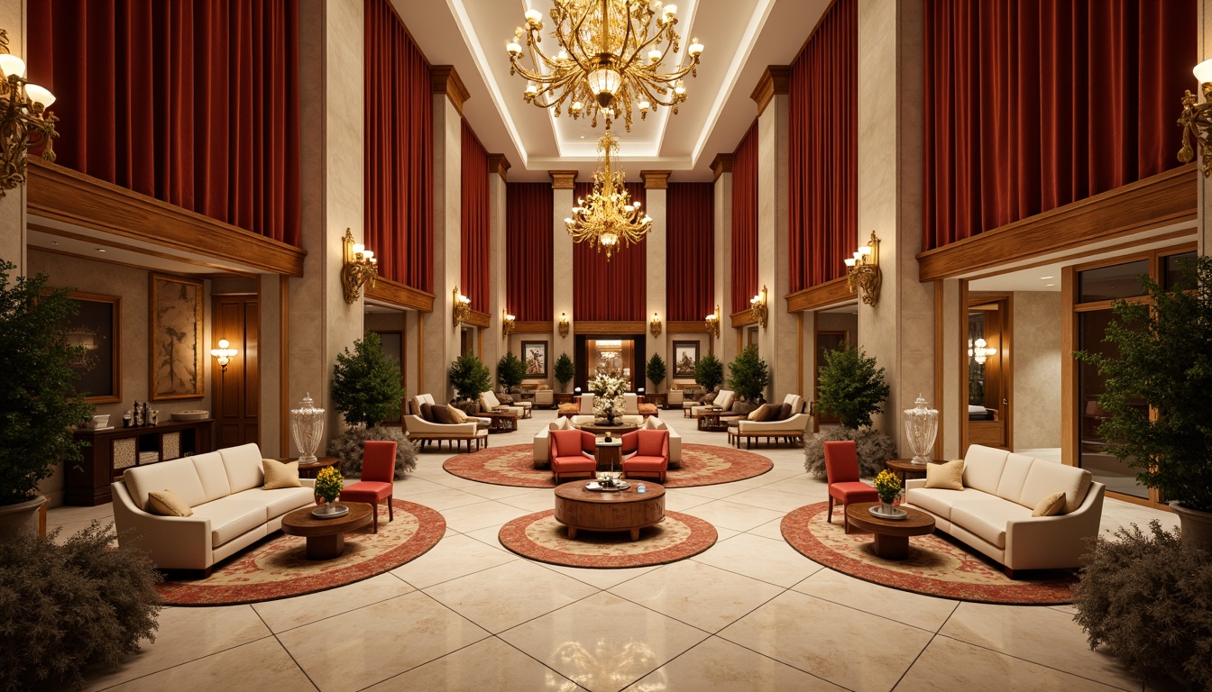 Prompt: Luxurious hotel lobby, rich velvet drapes, ornate gold chandeliers, warm beige marble floors, intricate wooden paneling, lavish furnishings, soft cream-colored sofas, plush red armchairs, elegant crystal vases, refined Renaissance-inspired patterns, subtle earthy tones, muted sienna accents, creamy whites, warm golden lighting, shallow depth of field, 1/2 composition, realistic textures, ambient occlusion.