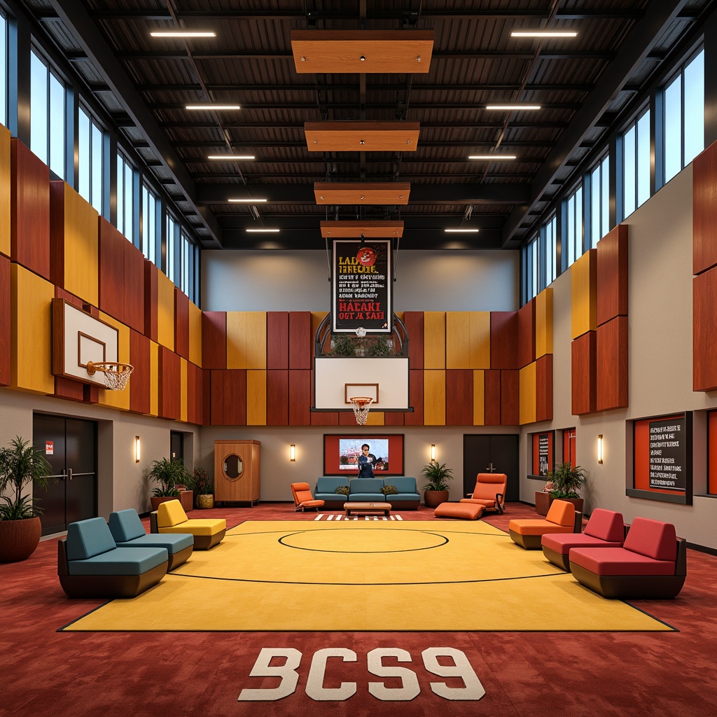 Prompt: Cozy gymnasium interior, vibrant athletic colors, comfortable seating areas, soft plush carpets, acoustic sound-absorbing panels, natural wood accents, modern sports equipment, motivational quotes, warm ambient lighting, shallow depth of field, 3/4 composition, realistic textures, ambient occlusion.