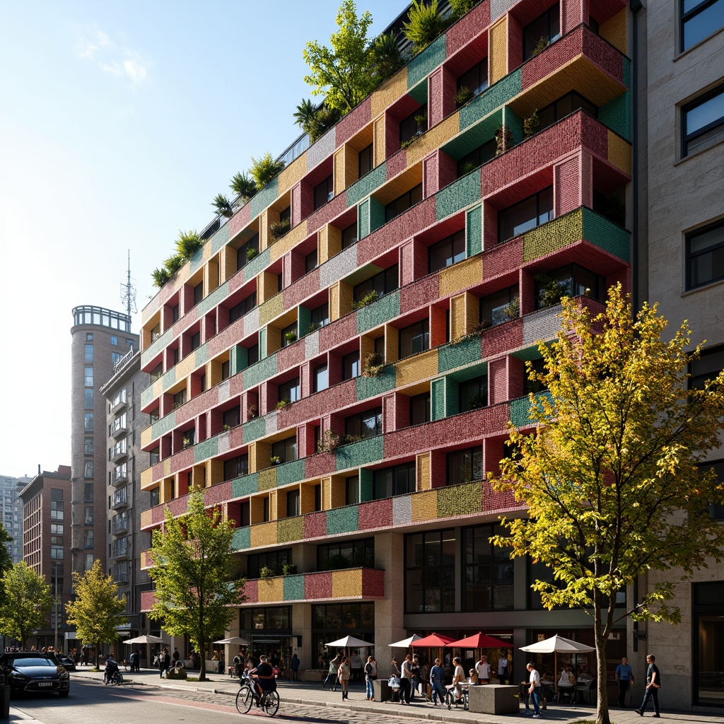 Prompt: Contemporary building facade, woven fabric-inspired cladding, vibrant colored threads, geometric patterned textiles, sustainable materials, eco-friendly architecture, urban cityscape, morning sunlight, shallow depth of field, 1/1 composition, realistic textures, ambient occlusion, intricate details, futuristic design, innovative structures, green roofs, living walls, vertical gardens, natural ventilation systems.