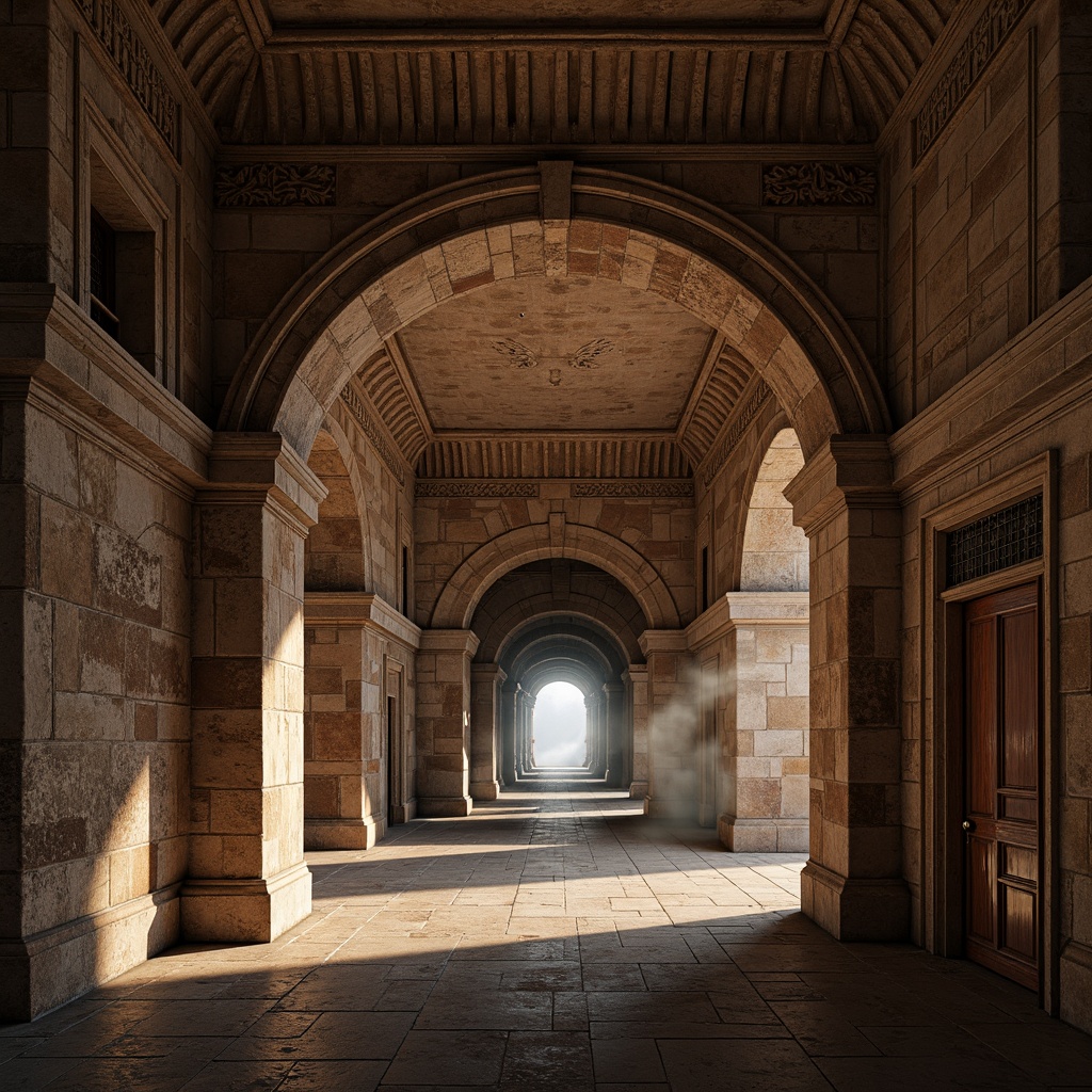 Prompt: Rustic stone walls, grand archways, ornate carvings, rounded barrel vaults, ribbed ceilings, imposing columns, heavy-set doors, intricate moldings, richly textured stonework, earthy color palette, soft warm lighting, atmospheric misting, dramatic chiaroscuro, low-angle viewpoint, symmetrical composition, realistic stone textures, ambient occlusion.