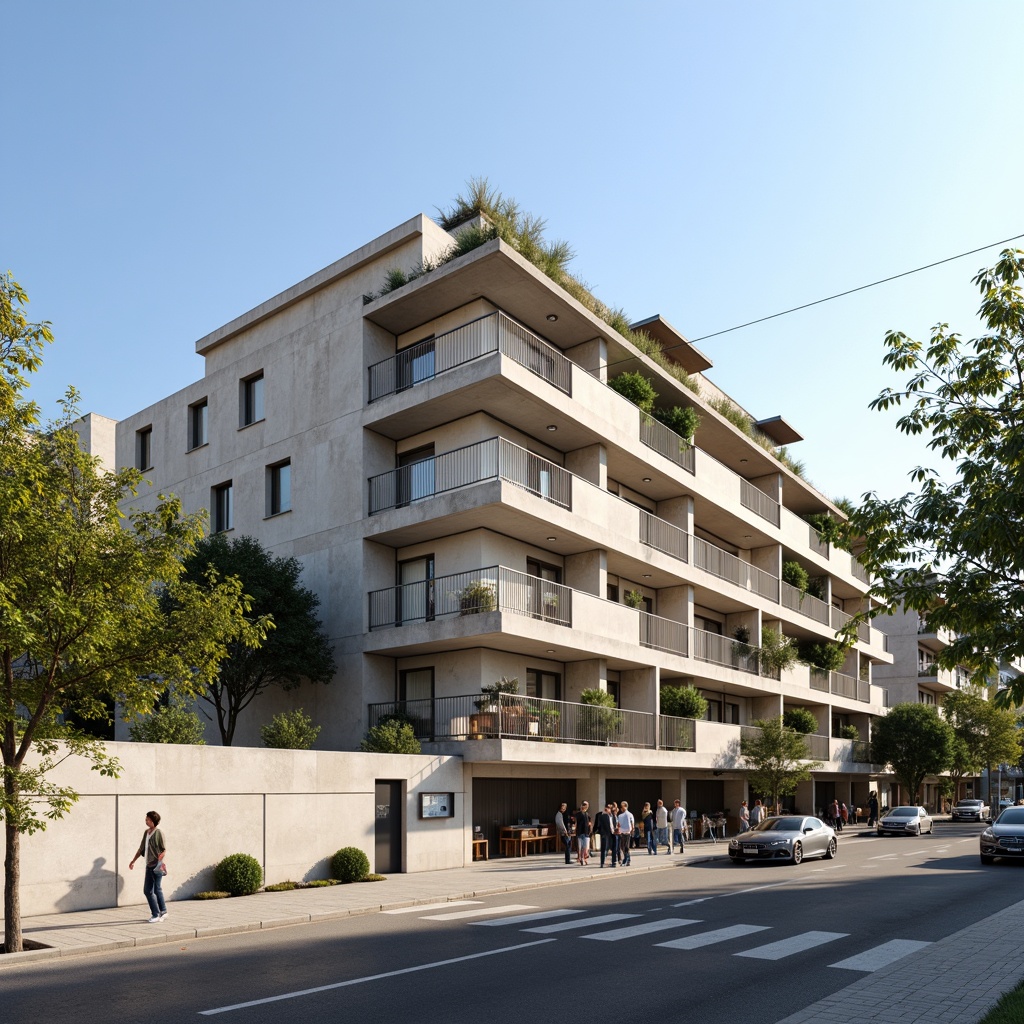 Prompt: Vibrant community center, brutalist architecture, raw concrete textures, geometric patterns, angular lines, minimalist design, functional balconies, industrial materials, urban landscape, busy street scene, natural stone walls, metal railings, modern streetlights, warm sunny day, soft diffused lighting, 1/1 composition, realistic rendering, ambient occlusion.