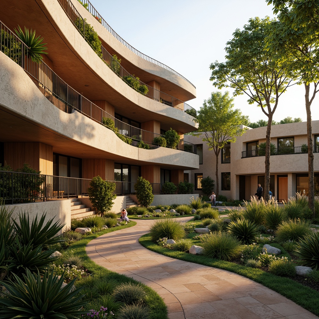 Prompt: Earth-toned hotel facade, organic curves, natural stone walls, lush green roofs, verdant gardens, wooden accents, floor-to-ceiling windows, skylights, clerestory windows, soft warm lighting, morning sunlight, golden hour ambiance, ambient shadows, 1/1 composition, realistic textures, high dynamic range, warm color palette, cozy atmosphere, minimalist decor, nature-inspired patterns, eco-friendly materials, sustainable design principles.