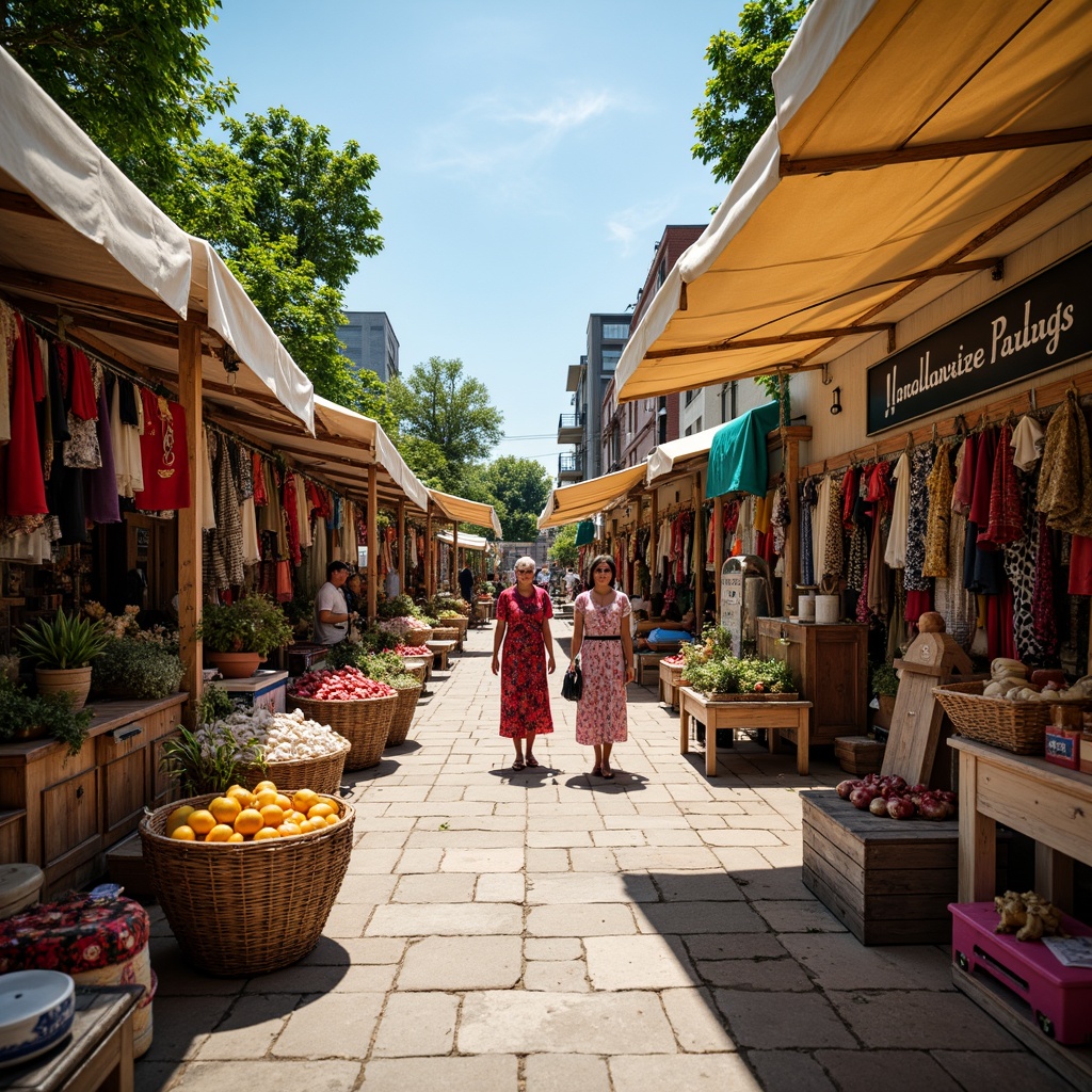 Prompt: Vibrant market stalls, local handicrafts, traditional textiles, colorful fabrics, sustainable architecture, eco-friendly materials, green roofs, natural ventilation systems, solar panels, wind turbines, water conservation systems, minimal waste management, organic produce, lively street performers, warm afternoon lighting, shallow depth of field, 1/1 composition, realistic textures, ambient occlusion.