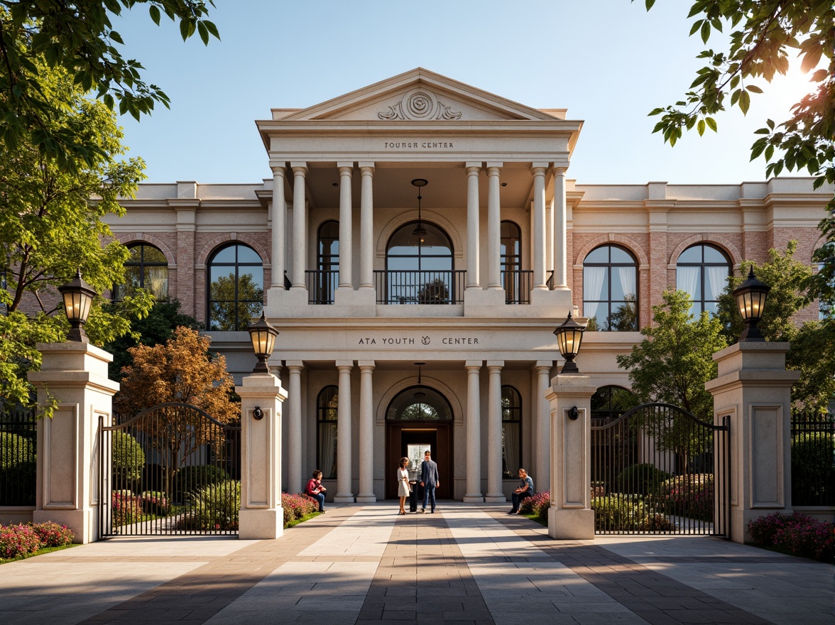 Prompt: Grandiose youth center facade, neoclassical architecture, symmetrical composition, ornate columns, carved stone details, arched windows, rustic brick walls, majestic entrance gates, bronze door handles, lantern-style streetlights, lush greenery, blooming flowers, sunny afternoon, soft warm lighting, shallow depth of field, 1/2 composition, realistic textures, ambient occlusion.