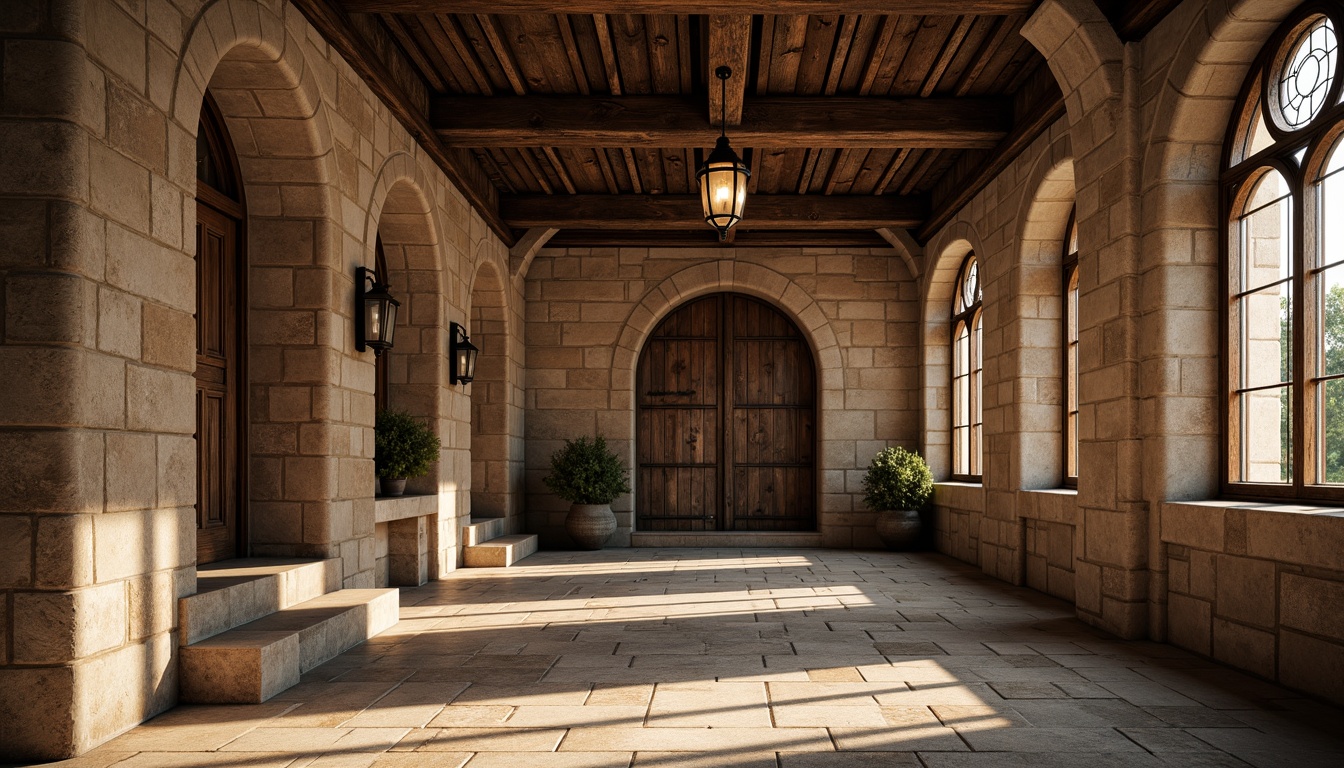 Prompt: Rustic stone walls, rounded arches, sturdy columns, ornate carvings, ribbed vaults, grand entranceways, heavy wooden doors, iron hinges, Gothic-inspired windows, stained glass accents, intricate moldings, solid stone foundations, earthy color palette, natural lighting, dramatic shadows, 1/2 composition, low-angle shot, warm ambient occlusion.