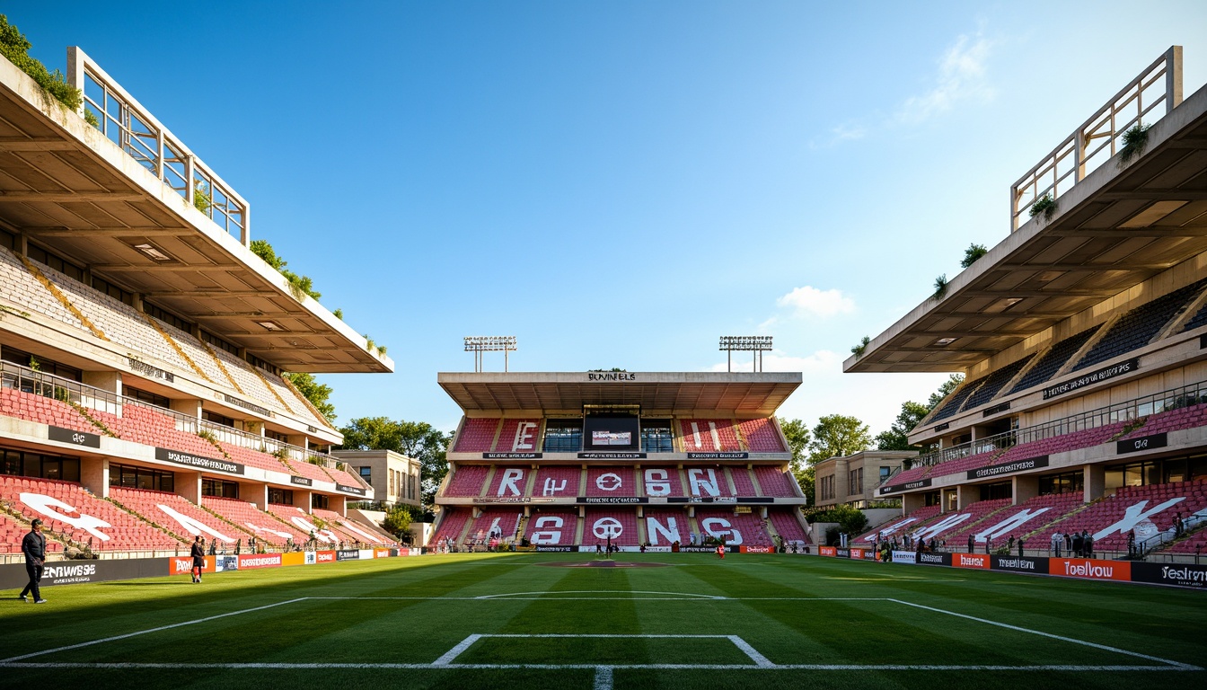 Prompt: Grandiose soccer stadium, classicism style architecture, limestone fa\u00e7ade, ornate columns, arches, domed roof, natural stone walls, bronze gates, green grass field, vibrant team colors, retro-style scoreboard, nostalgic floodlights, clear blue sky, warm sunny day, shallow depth of field, 1/1 composition, realistic textures, ambient occlusion.