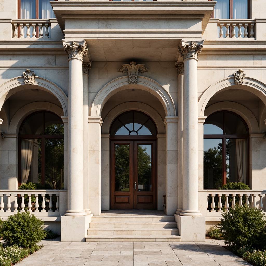 Prompt: Grandiose neoclassical facade, ornate columns, carved stone details, symmetrical composition, balanced proportions, rusticated base, grand entrance, sweeping arches, decorative cornices, classical pediments, intricately patterned railings, limestone walls, subtle color palette, warm natural light, shallow depth of field, 1/1 composition, realistic textures, ambient occlusion.