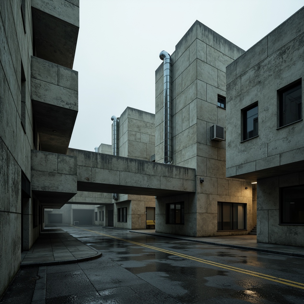 Prompt: Rough-hewn concrete walls, brutalist architecture, rugged textures, raw unfinished surfaces, fortress-like buildings, monumental scale, dramatic lighting, deep shadows, bold geometric forms, exposed ductwork, industrial pipes, urban campus setting, overcast sky, misty atmosphere, muted color palette, harsh angular lines, fortress-like towers, institutional ambiance.