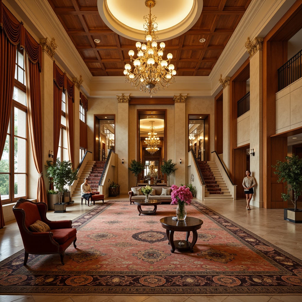 Prompt: Luxurious hotel lobby, ornate chandeliers, rich wood paneling, velvet drapes, intricately patterned rugs, gilded mirrors, marble floors, ornamental columns, grand staircase, Tuscan-inspired architecture, warm beige color scheme, soft golden lighting, elegant furniture, plush upholstery, carved wooden accents, decorative moldings, refined textures, subtle sheen finishes.