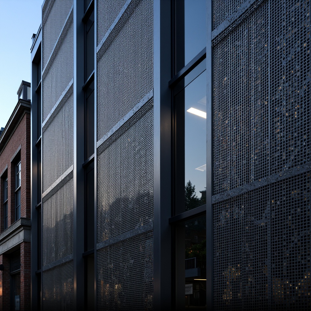 Prompt: Industrial building facade, perforated metal panels, metallic sheen, urban cityscape, modern architecture, brutalist design, geometric patterns, rhythmic apertures, natural light filtering, shadows dancing on walls, clean lines, minimalist aesthetic, functional structure, high-tech materials, futuristic vibe, dramatic night lighting, low-angle shot, 1/2 composition, shallow depth of field, realistic reflections.