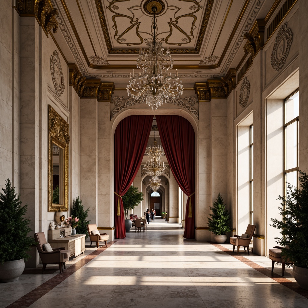 Prompt: Grand neoclassical facade, ornate carvings, smooth marble surfaces, intricately patterned stonework, gilded details, polished bronze accents, rich velvet drapes, ornamental plaster ceilings, crystal chandeliers, lavish furnishings, symmetrical compositions, classical proportions, soft warm lighting, shallow depth of field, 1/1 composition, realistic textures, ambient occlusion.