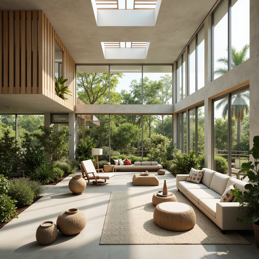 Prompt: Vibrant open-plan living space, floor-to-ceiling windows, sliding glass doors, minimal obstructions, reflective surfaces, polished concrete floors, light-colored walls, clerestory windows, solar tubes, skylights, green roofs, lush indoor plants, natural textiles, woven bamboo furniture, organic shapes, minimalist decor, soft warm lighting, shallow depth of field, 1/1 composition, panoramic view, realistic textures, ambient occlusion.