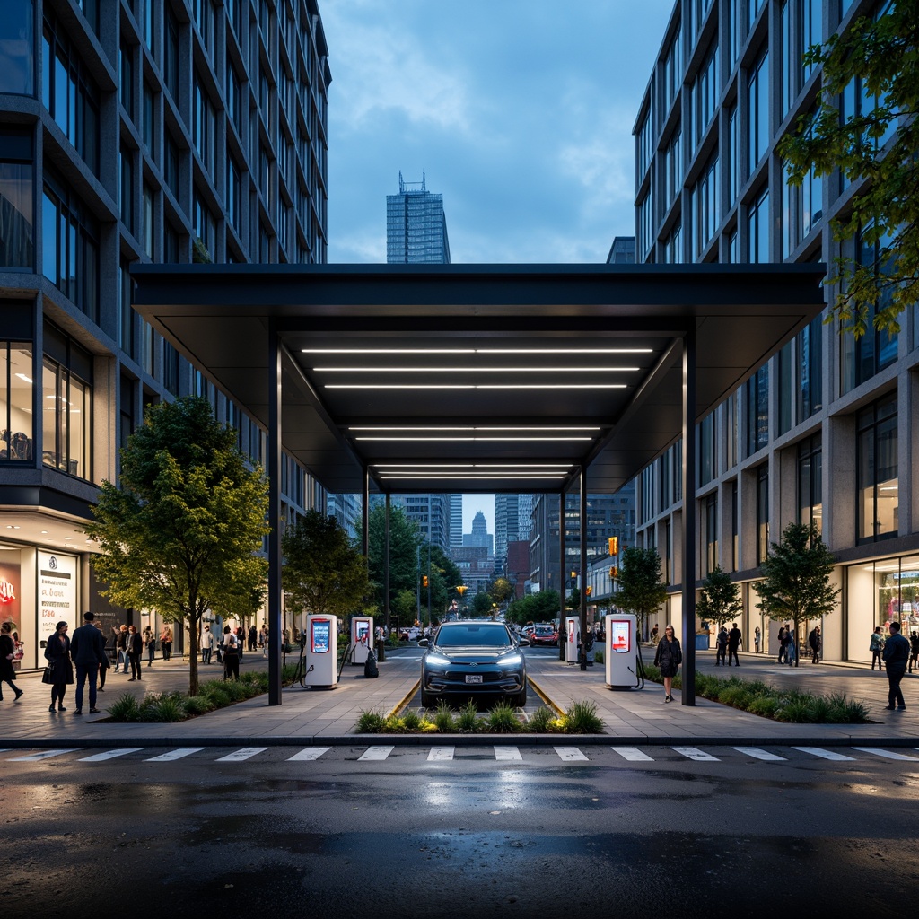 Prompt: Modern electric vehicle charging station, sleek metal canopy, minimalist design, LED lighting strips, futuristic aesthetic, urban cityscape, busy street intersection, neon lights at night, rainy day atmosphere, shallow depth of field, 3/4 composition, realistic textures, ambient occlusion, concrete pavement, steel beams, glass fa\u00e7ade, cantilevered roof, modern signage, electronic displays, interactive kiosks, comfortable waiting area, sustainable energy solutions.