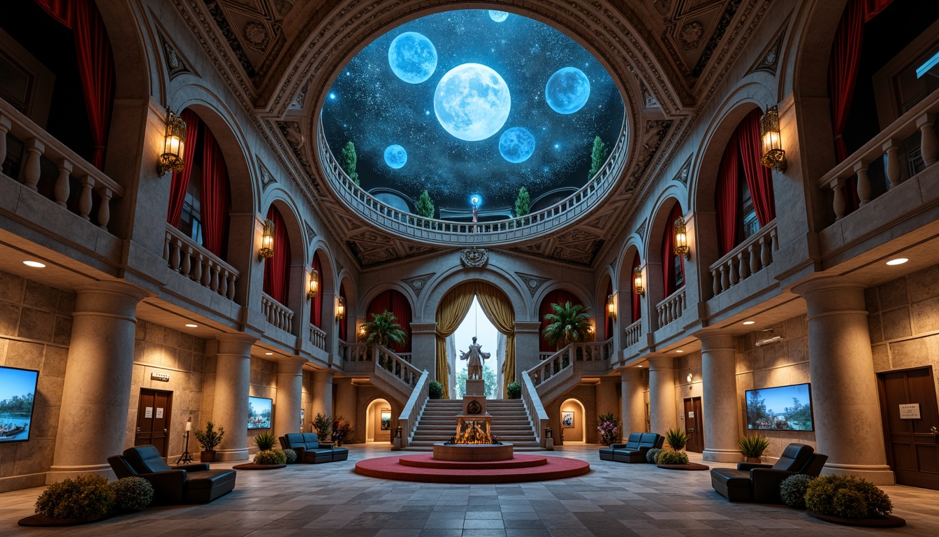 Prompt: Intricate stone carvings, grand dome structures, ornate frescoes, celestial body projections, starry night sky, atmospheric lighting, mystical ambiance, ancient Roman-inspired columns, arches, and vaults, luxurious velvet drapes, polished marble floors, majestic staircase, regal throne-like seating, intimate viewing areas, interactive exhibits, 3D visualization screens, surround sound systems, panoramic dome projection, soft gradient color transitions, realistic planetary textures, subtle animations, shallow depth of field, 1/2 composition.