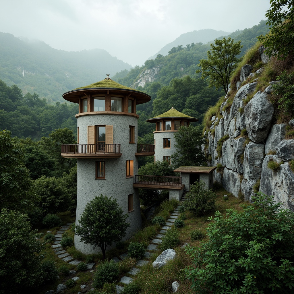 Prompt: Secluded watchtowers, rugged stone walls, moss-covered roofs, wooden accents, nature-inspired textures, serene forest surroundings, misty mountain air, soft diffused lighting, warm earthy tones, organic integration, curved lines, harmonious coexistence, rustic charm, weathered wood, vines crawling, overgrown with foliage, secluded observation decks, panoramic views, realistic atmosphere, ambient occlusion.