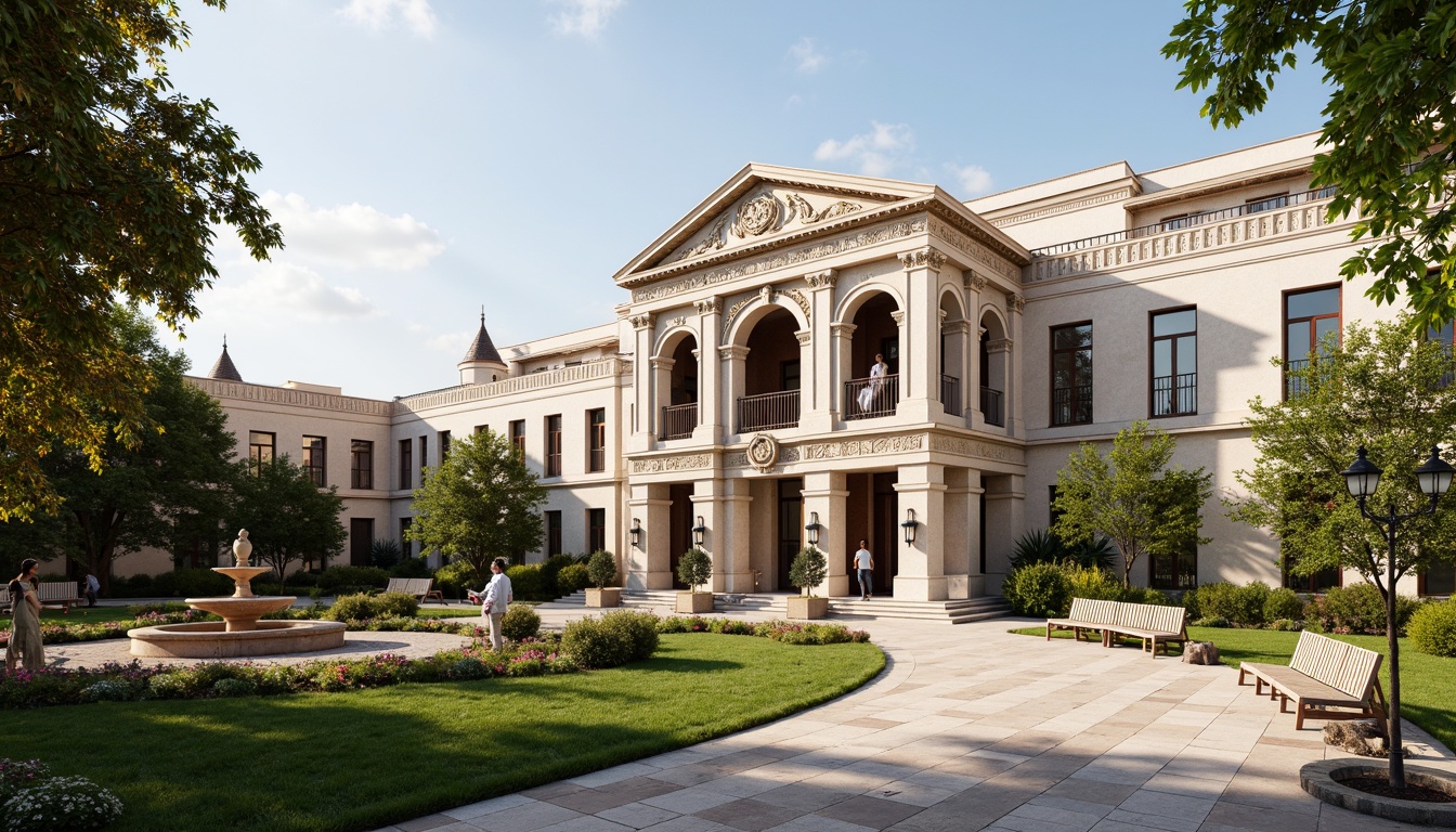 Prompt: Grand Renaissance-style bank building, ornate stone carvings, symmetrical facades, majestic columns, intricate moldings, lavish fountains, manicured lawns, vibrant flowerbeds, meandering walkways, serene courtyard, natural stone paving, rustic benches, ornamental street lamps, classical sculptures, warm afternoon sunlight, soft diffused lighting, 1/2 composition, atmospheric perspective, realistic textures, subtle ambient occlusion.