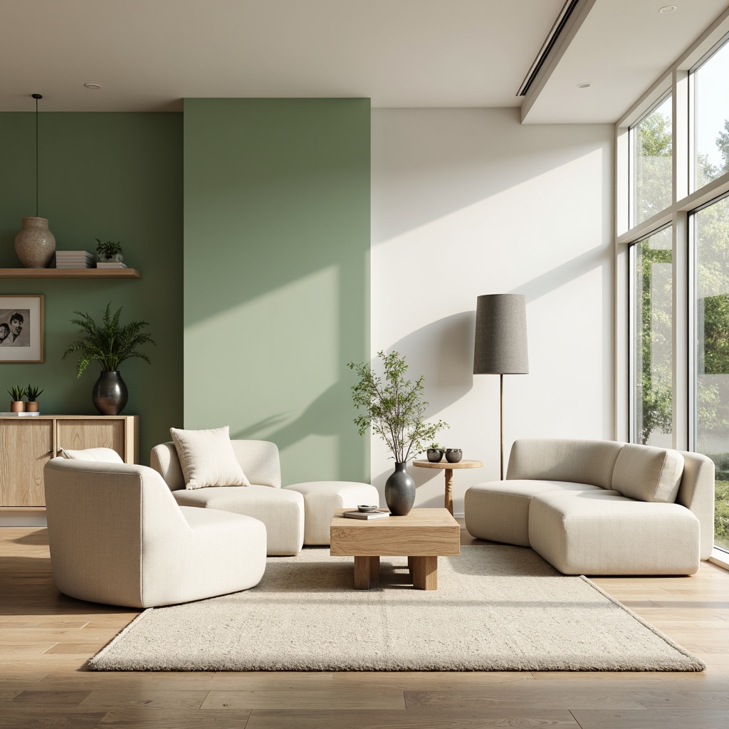 Prompt: Pale green accent wall, soft cream furniture, warm beige flooring, natural wood textures, minimalist decor, modern Scandinavian interior design, large windows, abundant daylight, subtle shadows, gentle ambient lighting, shallow depth of field, 1/2 composition, realistic render, soft focus, calming atmosphere.