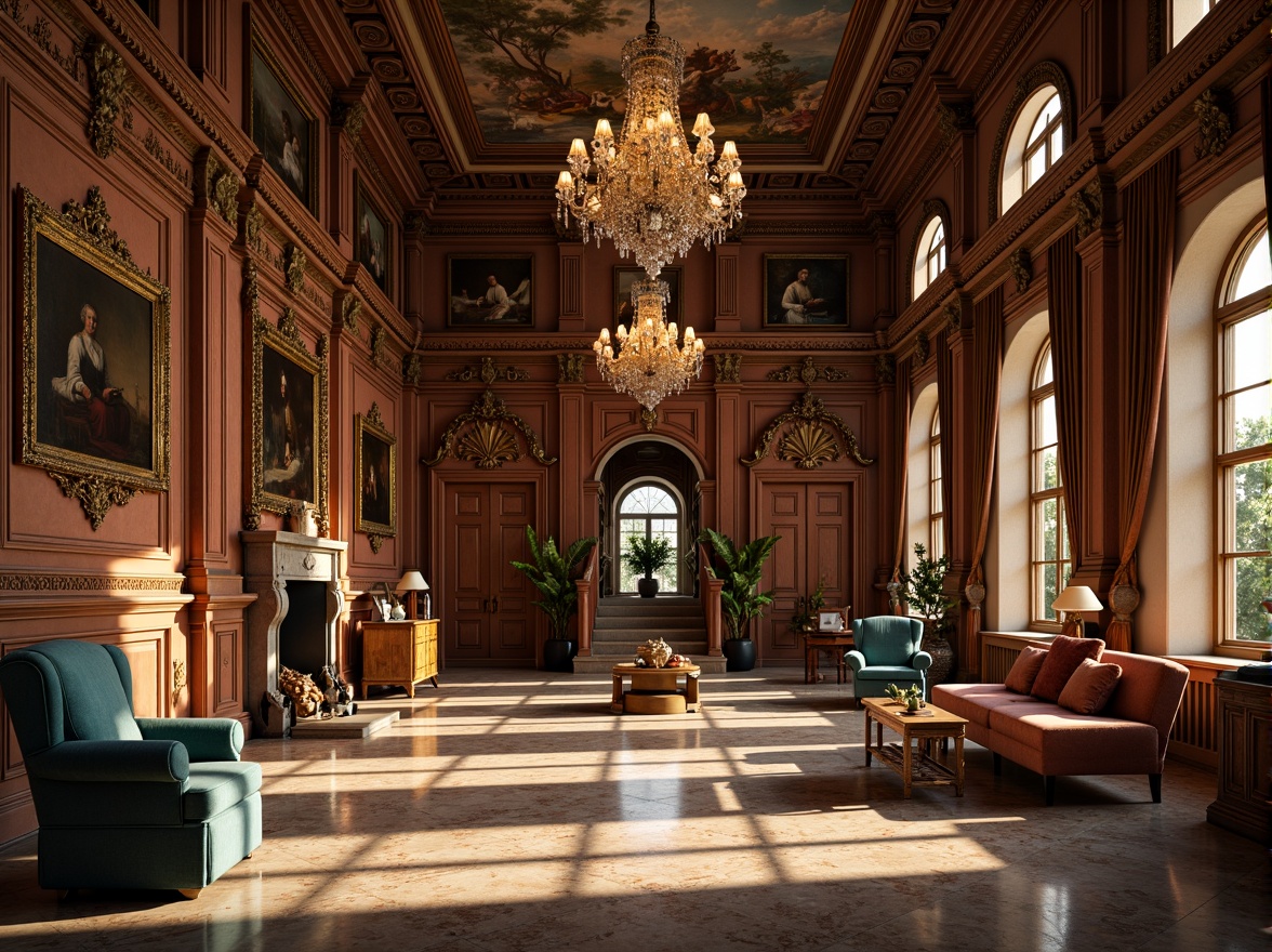 Prompt: Grand Renaissance-style mansion, ornate furnishings, lavish chandeliers, intricately carved wooden panels, marble flooring, high ceilings, spacious rooms, ornamental fireplaces, majestic staircases, crystal door handles, velvet drapes, warm golden lighting, soft shadows, 1/2 composition, atmospheric perspective, richly textured fabrics, antique furniture pieces, classic oil paintings, frescoed ceilings, arched windows, grand pianos.