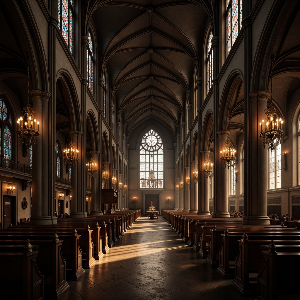 Prompt: Grand cathedral interior, vaulted ceilings, ribbed arches, stained glass windows, intricate stone carvings, ornate chandeliers, dim warm lighting, dramatic shadows, rich wood tones, ornamental furnishings, Gothic architecture, pointed arches, flying buttresses, rose windows, mystical ambiance, high contrast, atmospheric perspective, cinematic composition, realistic textures, ambient occlusion.