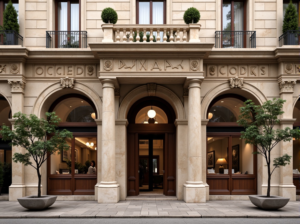 Prompt: Ornate bank facade, rusticated stone walls, classical pilasters, carved ornamental details, grand arched windows, decorative cornices, symmetrical composition, warm beige color scheme, subtle texture variations, ambient lighting, 1/2 composition, shallow depth of field, realistic material rendering.