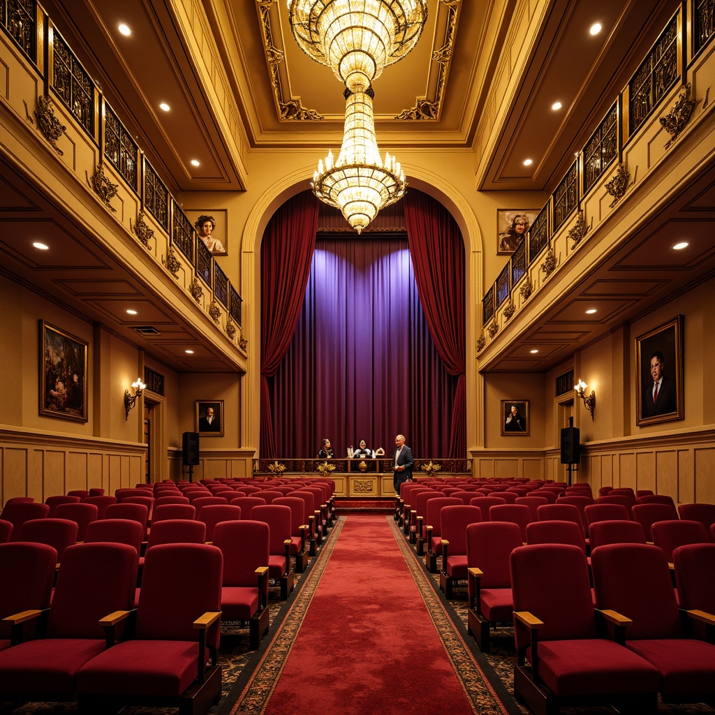 Prompt: Golden ornate seats, velvet upholstery, intricately carved wooden armrests, luxurious VIP boxes, red carpeted aisles, grandiose chandeliers, ornamental bronze railings, regal purple drapes, majestic high ceilings, sweeping arches, dramatic spotlights, warm golden lighting, shallow depth of field, 2/3 composition, symmetrical framing, realistic textures, ambient occlusion.