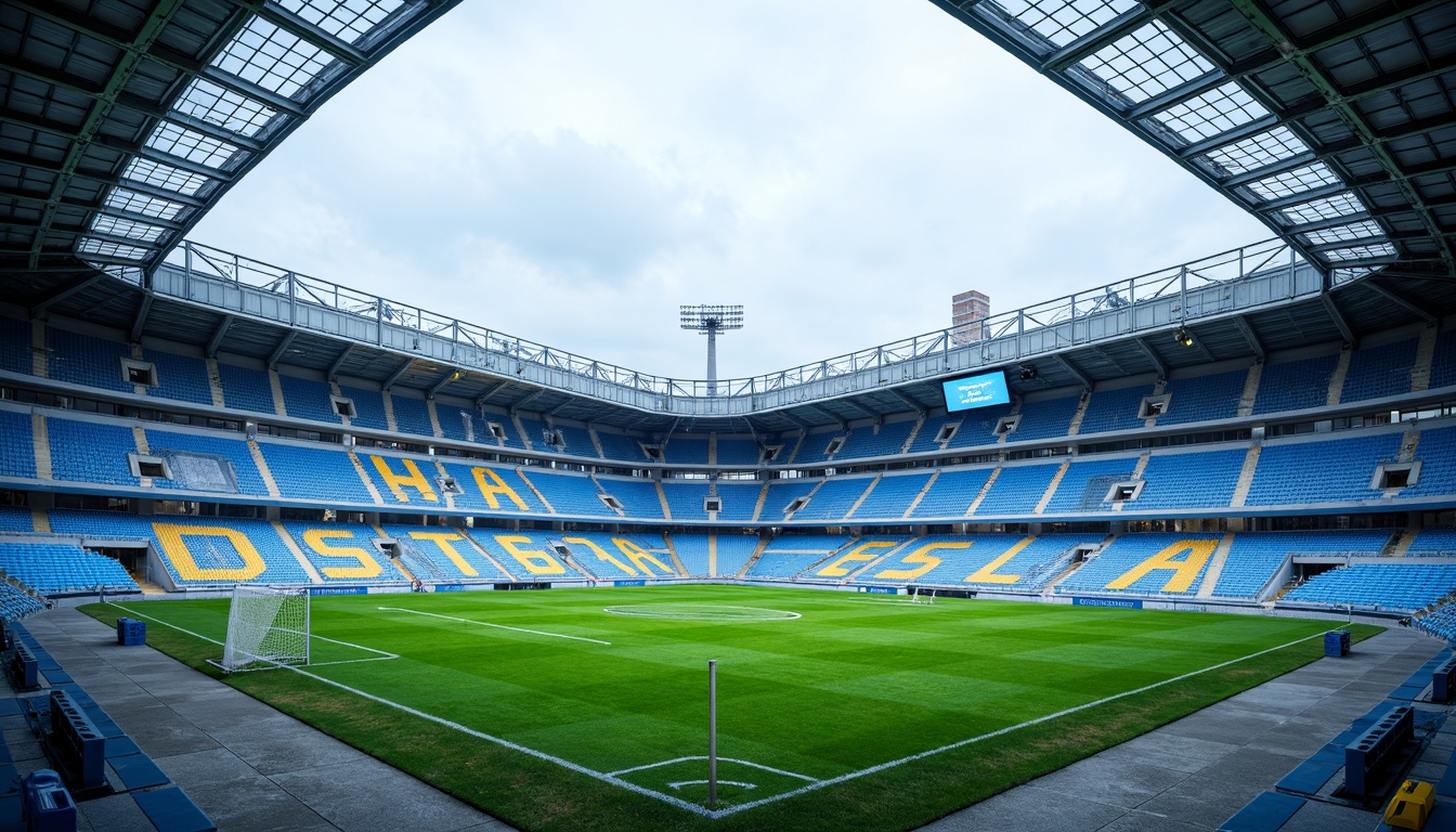 Prompt: Powder blue soccer stadium, sleek modern architecture, rounded edges, steel beams, transparent roofs, lush green grass, vibrant yellow goalposts, white nets, powder blue seats, concrete floors, dynamic lighting, shallow depth of field, 3/4 composition, panoramic view, realistic textures, ambient occlusion.