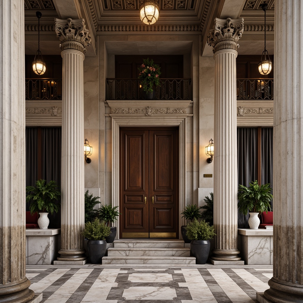 Prompt: Grandiose neoclassical facade, ornate stone carvings, smooth marble columns, intricate moldings, rusticated quoins, weathered bronze doors, polished wooden accents, velvet drapes, lavish furnishings, opulent chandeliers, soft warm lighting, subtle shadows, classical proportions, symmetrical composition, realistic textures, ambient occlusion.