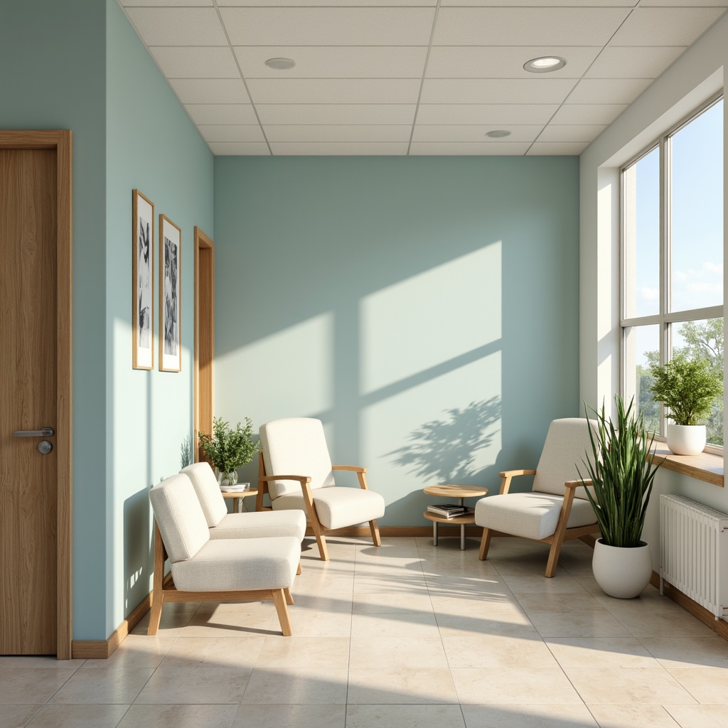 Prompt: Calming clinic interior, soft blue walls, creamy white furniture, warm beige flooring, natural wood accents, gentle greenery, soothing pastel colors, minimalist decor, modern medical equipment, sterile surfaces, subtle texture contrasts, ambient lighting, 1/2 composition, shallow depth of field, realistic reflections, serene atmosphere.