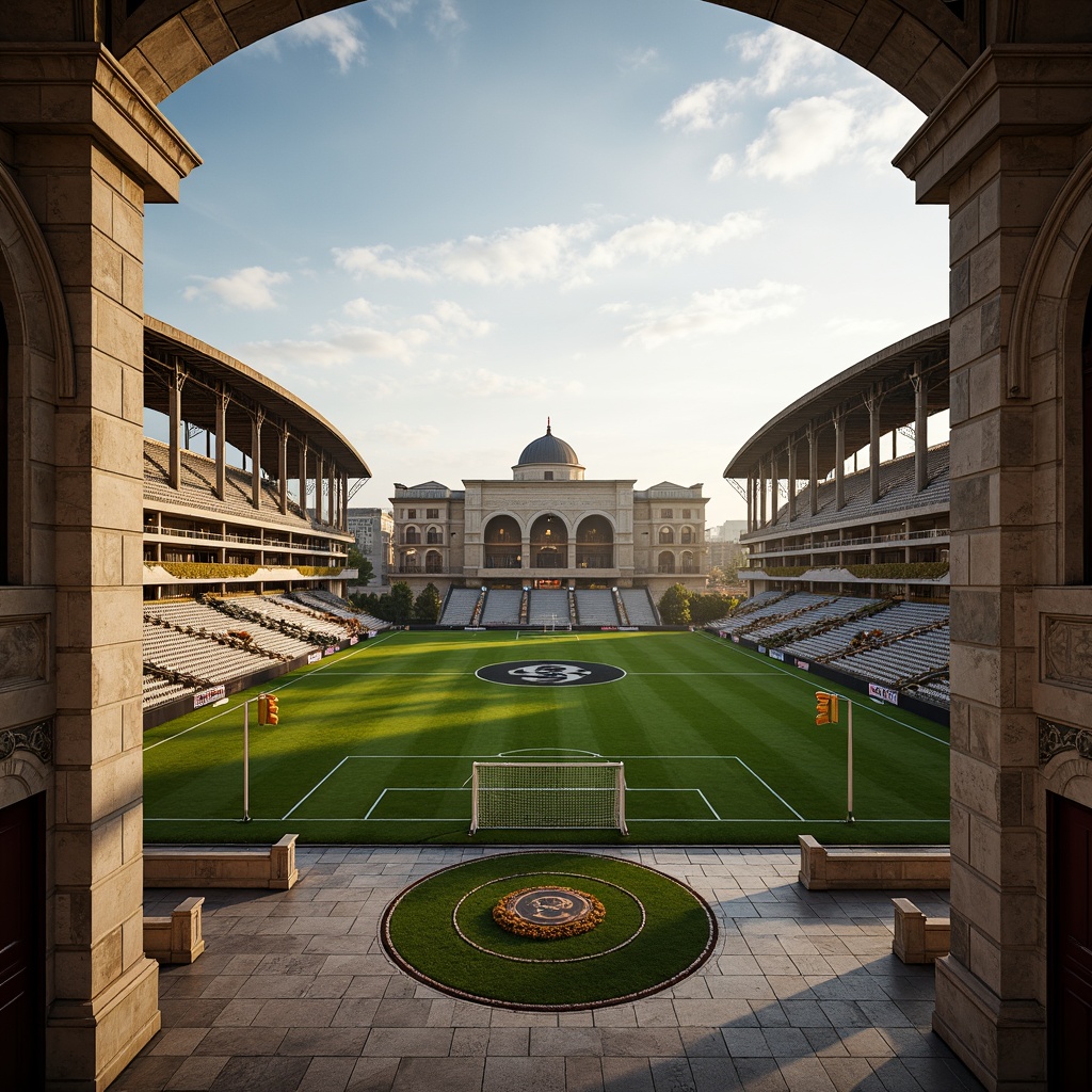 Prompt: Grandiose soccer stadium, classical columns, ornate arches, majestic domes, symmetrical facades, limestone walls, marble floors, velvet-green grass, golden goalposts, intricate ironwork, regal balconies, tiered seating, ornamental fountains, dramatic spotlights, warm afternoon sunlight, shallow depth of field, 1/1 composition, realistic textures, ambient occlusion.