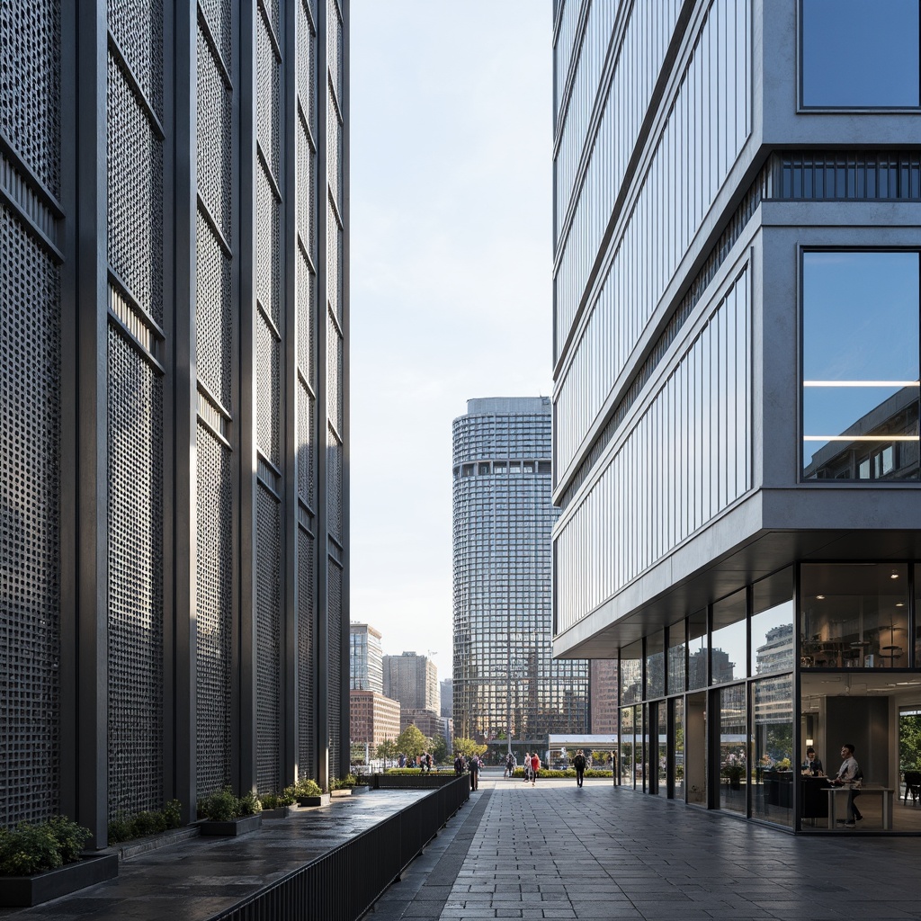 Prompt: Industrial building facade, perforated metal panels, modern architecture, urban landscape, city skyline, metallic sheen, reflective surfaces, geometric patterns, parametric design, futuristic aesthetic, clean lines, minimalist details, natural light diffusion, soft shadows, high-contrast lighting, 1/1 composition, shallow depth of field, realistic reflections.