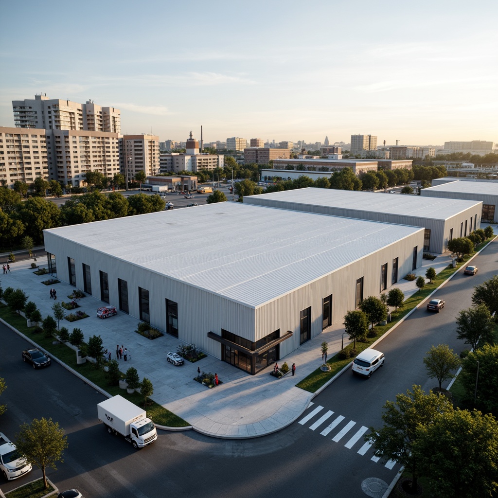 Prompt: Simple, rectangular distribution center, minimalist architecture, clean lines, monochromatic color scheme, industrial metal fa\u00e7ade, large windows, natural light, open interior spaces, functional layouts, efficient storage systems, modern logistics equipment, urban cityscape, busy streets, morning sunlight, soft shadows, shallow depth of field, 1/1 composition, realistic textures, ambient occlusion.