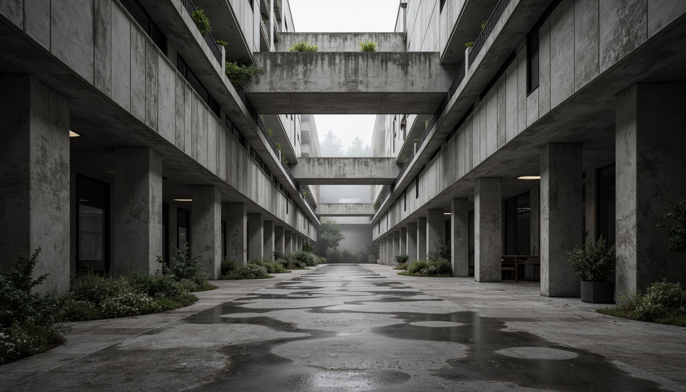 Prompt: Rugged brutalist architecture, exposed concrete structures, raw industrial materials, weathered steel beams, distressed wooden accents, minimalist ornamentation, functional simplicity, monochromatic color palette, stark lighting contrasts, deep shadows, atmospheric misting, dramatic camera angles, low-angle shots, symmetrical composition, abstract textures, ambient occlusion.