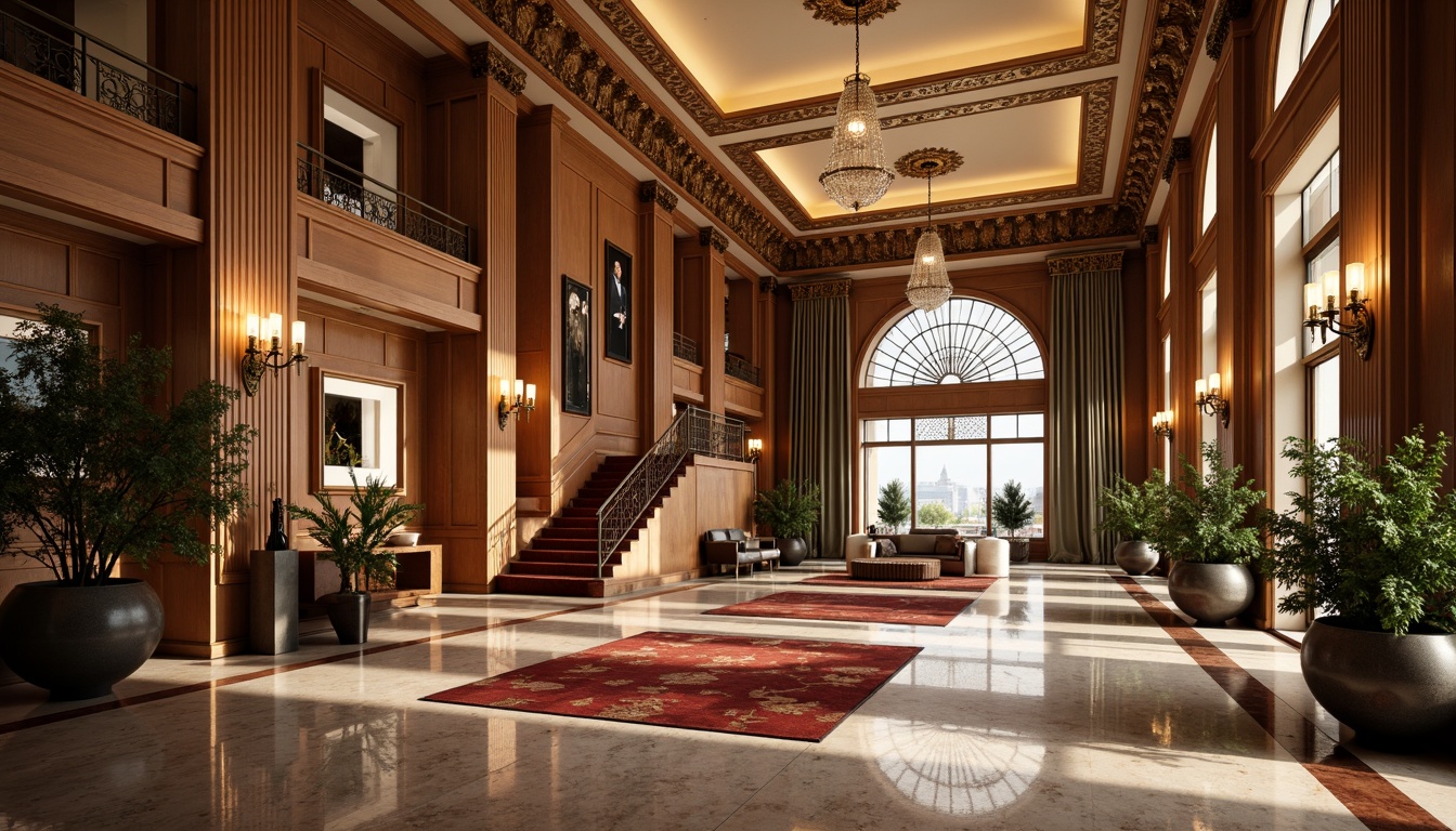 Prompt: Luxurious hotel lobby, high ceilings, ornate chandeliers, marble floors, polished wooden paneling, intricate moldings, golden accents, velvet drapes, crystal fixtures, grand staircase, neoclassical columns, richly patterned rugs, soft warm lighting, shallow depth of field, 1/1 composition, realistic textures, ambient occlusion.