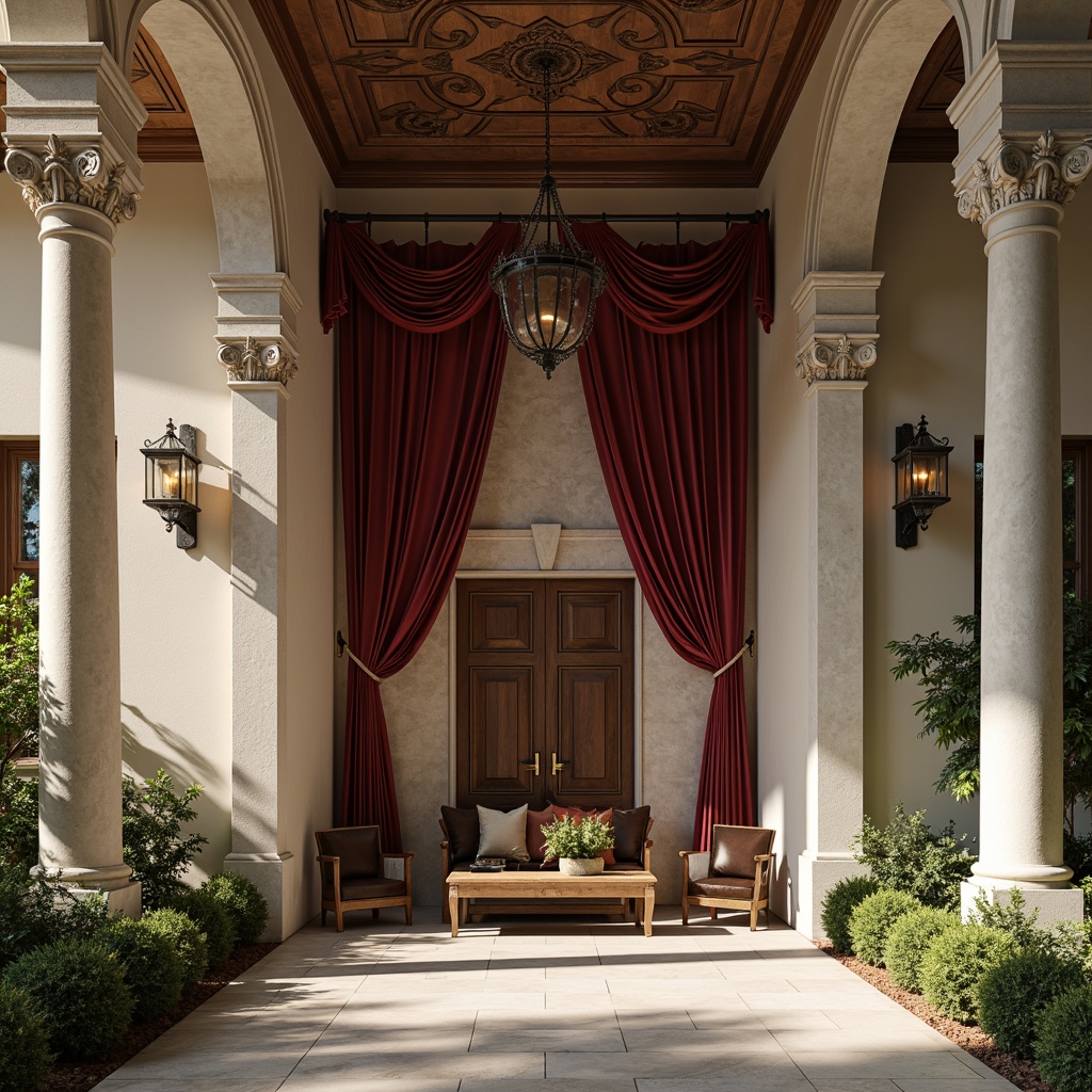 Prompt: Elegant stone columns, ornate marble facades, intricately carved wooden doors, polished bronze hardware, refined stucco walls, rustic terracotta roofs, lavish velvet drapes, ornamental plaster ceilings, subtle gradient lighting, shallow depth of field, 1/2 composition, symmetrical framing, realistic textures, ambient occlusion, grandiose interior spaces, imposing exterior elevations.