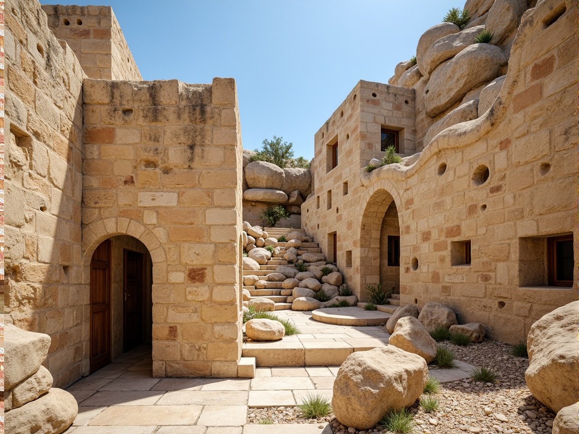 Prompt: Rustic limestone walls, weathered stone textures, earthy tones, natural rock formations, rough-hewn surfaces, aged patina, warm beige colors, subtle crevices, organic patterns, Mediterranean-inspired architecture, ancient ruins, sun-baked landscapes, dry brush vegetation, clear blue skies, soft warm lighting, shallow depth of field, 1/1 composition, realistic textures, ambient occlusion.