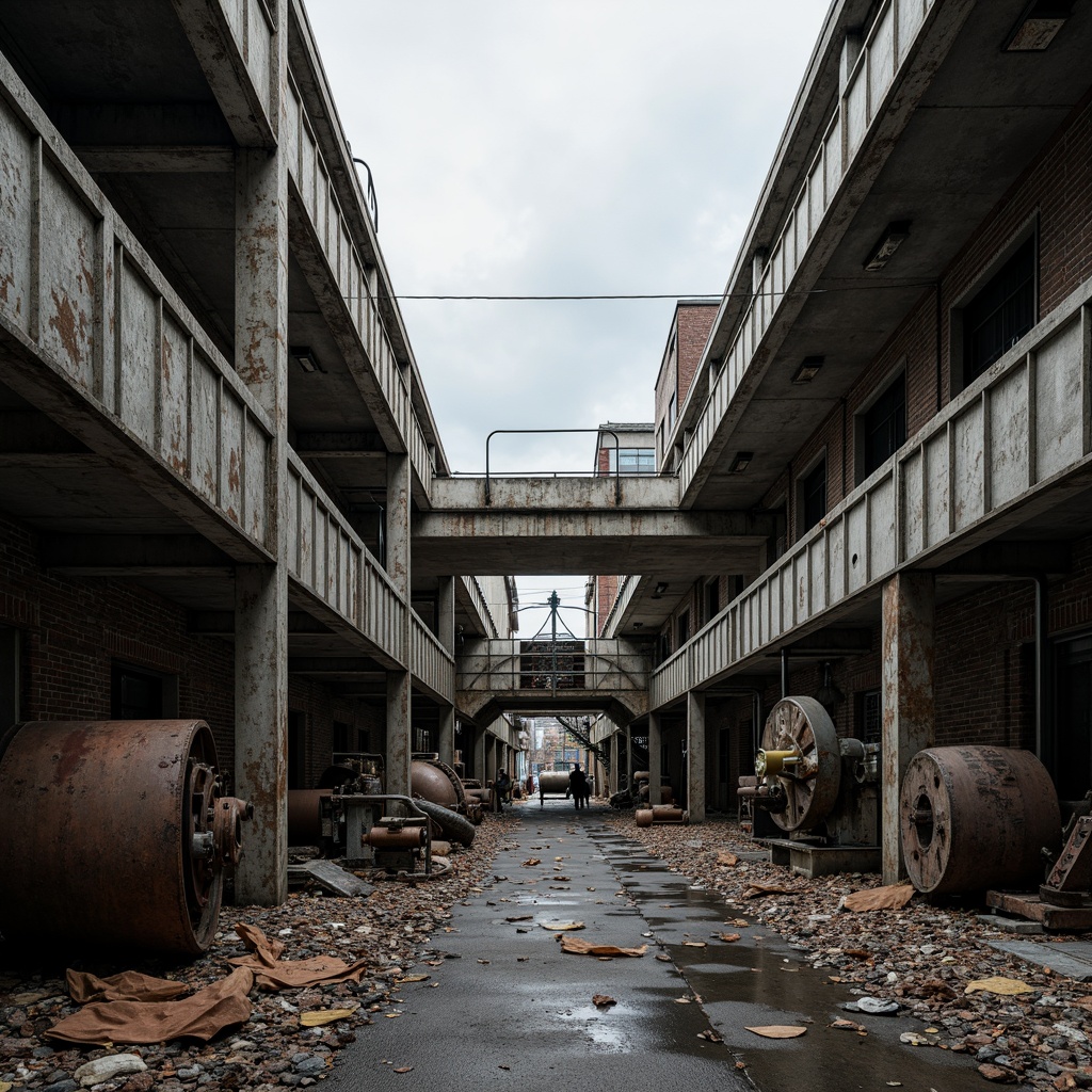 Prompt: Rugged industrial landscape, abandoned factories, crumbling brick walls, rusty metal beams, distressed concrete floors, worn wooden planks, exposed pipes, functional machinery, urban decay, bleak atmosphere, overcast sky, dramatic shadows, high contrast lighting, abstract composition, fragmented forms, geometric patterns, brutalist architecture, reinforced steel structures, metallic textures, industrial chic aesthetic, vintage manufacturing equipment, retro-futuristic ambiance.