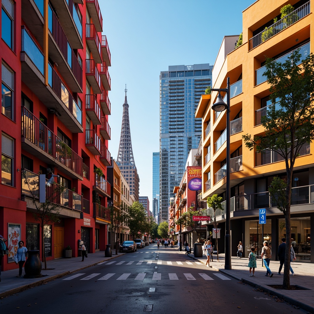 Prompt: Vibrant urban landscape, bold color blocking, contrasting building facades, neon signage, eclectic street art, modern architectural styles, exposed concrete structures, industrial chic aesthetics, warm golden lighting, atmospheric perspective, 1/2 composition, dramatic shadows, rich textures, ambient occlusion.