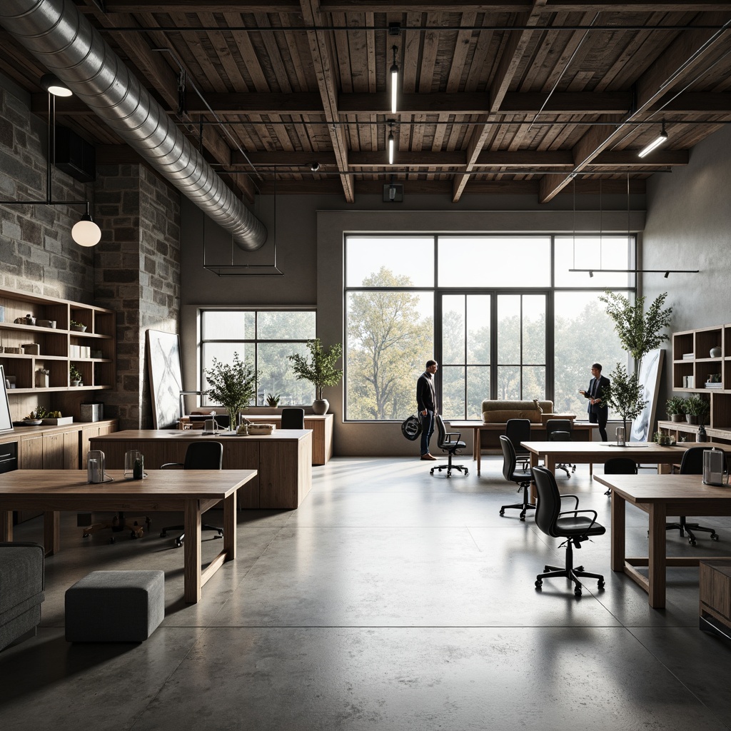 Prompt: Monochromatic workshop interior, industrial minimalism style, concrete floors, exposed ductwork, reclaimed wood accents, metal beams, natural light pouring in, large windows, sliding glass doors, simplistic workstations, wooden desks, ergonomic chairs, geometric-shaped lighting fixtures, subtle texture contrasts, rough-hewn stone walls, smooth matte finishes, warm neutral color palette, soft diffused lighting, shallow depth of field, 1/2 composition, realistic render, ambient occlusion.