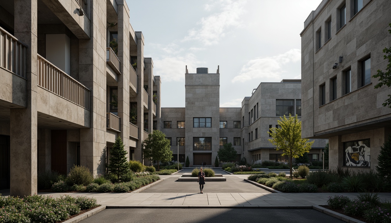 Prompt: Rugged university campus, brutalist architecture, fortress-like buildings, raw concrete textures, angular forms, monumental scale, dramatic shadows, harsh natural light, industrial materials, metallic accents, geometric patterns, abstract murals, urban landscape, asphalt walkways, mature trees, overcast skies, high-contrast lighting, strong lines, 2/3 composition, cinematic mood, gritty atmosphere, weathered surfaces.