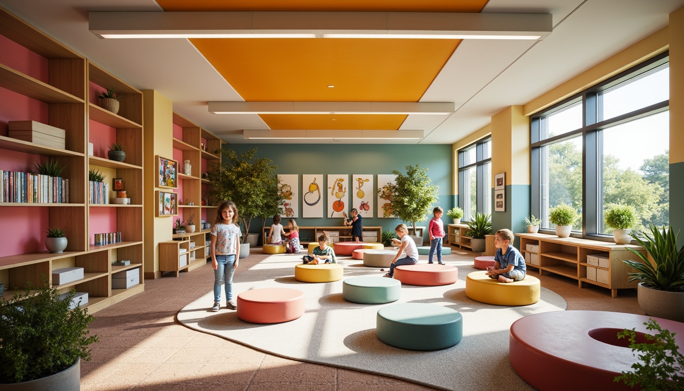 Prompt: Vibrant kindergarten interior, playful color scheme, whimsical furniture design, interactive learning spaces, collaborative play areas, educational murals, natural wood accents, soft carpeted floors, ample natural lighting, circular reading nooks, cozy corners, flexible modular seating, dynamic spatial flow, open-ended shelving, transparent storage bins, textured rugs, stimulating artwork, creative expression zones, gentle curved lines, harmonious acoustics, warm ambient lighting, shallow depth of field, 1/1 composition, soft focus blur.