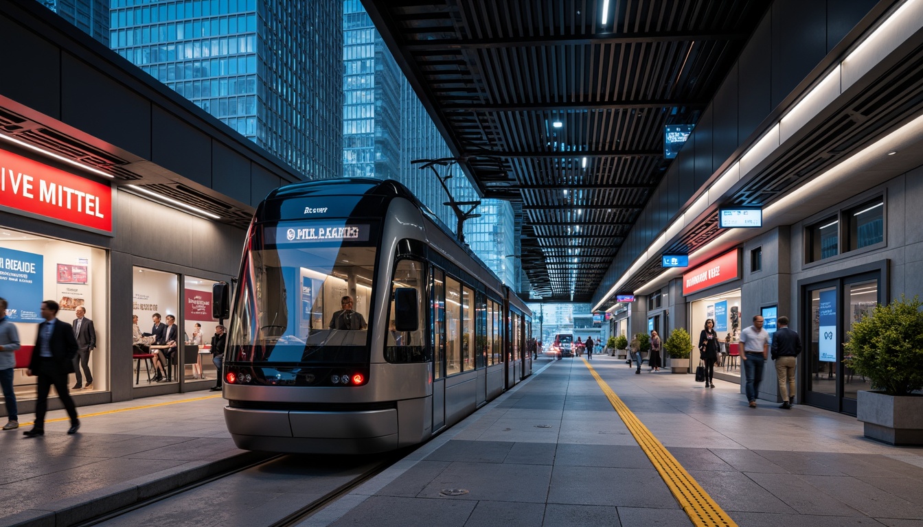 Prompt: Modern tram station, sleek metal architecture, brushed aluminum surfaces, stainless steel accents, matte black finishes, LED lighting systems, vibrant neon signs, urban cityscape, busy streets, natural stone flooring, minimalist design, functional layout, efficient passenger flow, real-time information displays, digital signage, futuristic atmosphere, soft ambient lighting, shallow depth of field, 3/4 composition, panoramic view, realistic textures, ambient occlusion.