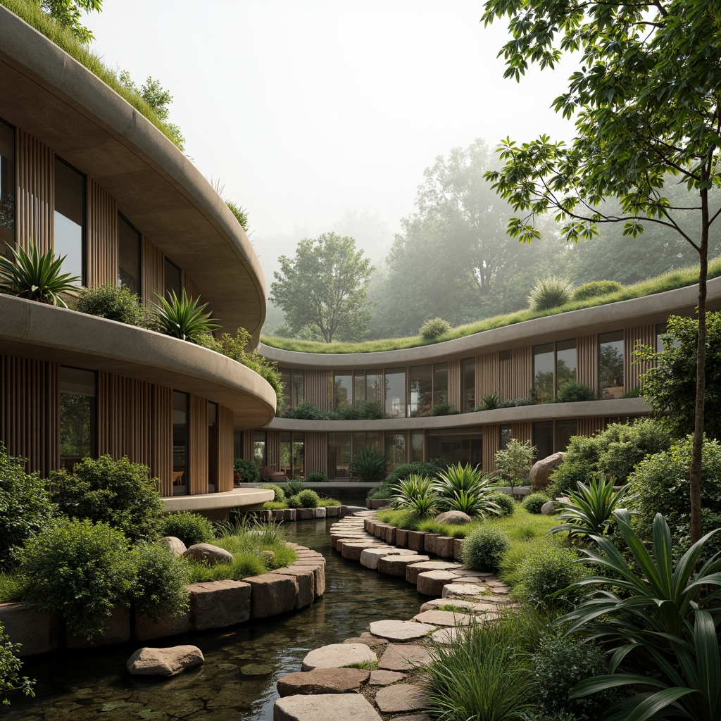 Prompt: Curved organic buildings, undulating green roofs, lush verdant walls, natural stone pathways, meandering water features, serene forest surroundings, misty morning atmosphere, warm soft lighting, shallow depth of field, 1/1 composition, realistic textures, ambient occlusion, earthy color palette, sustainable materials, eco-friendly design, harmony with nature, minimalist decor, organic shapes, free-flowing spaces, peaceful ambiance.